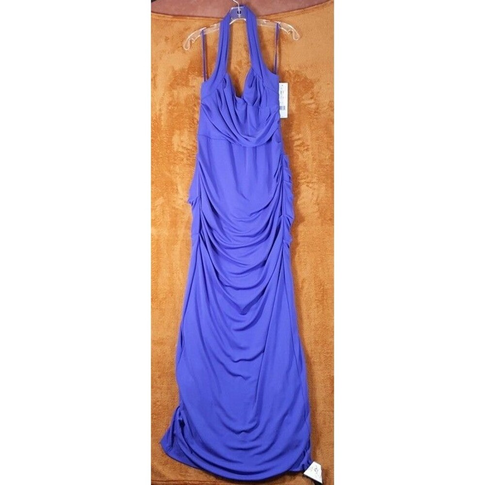 NICOLE MILLER Dress Womens Size 12 Blue Gown Halter Ruched Draped Formal $485